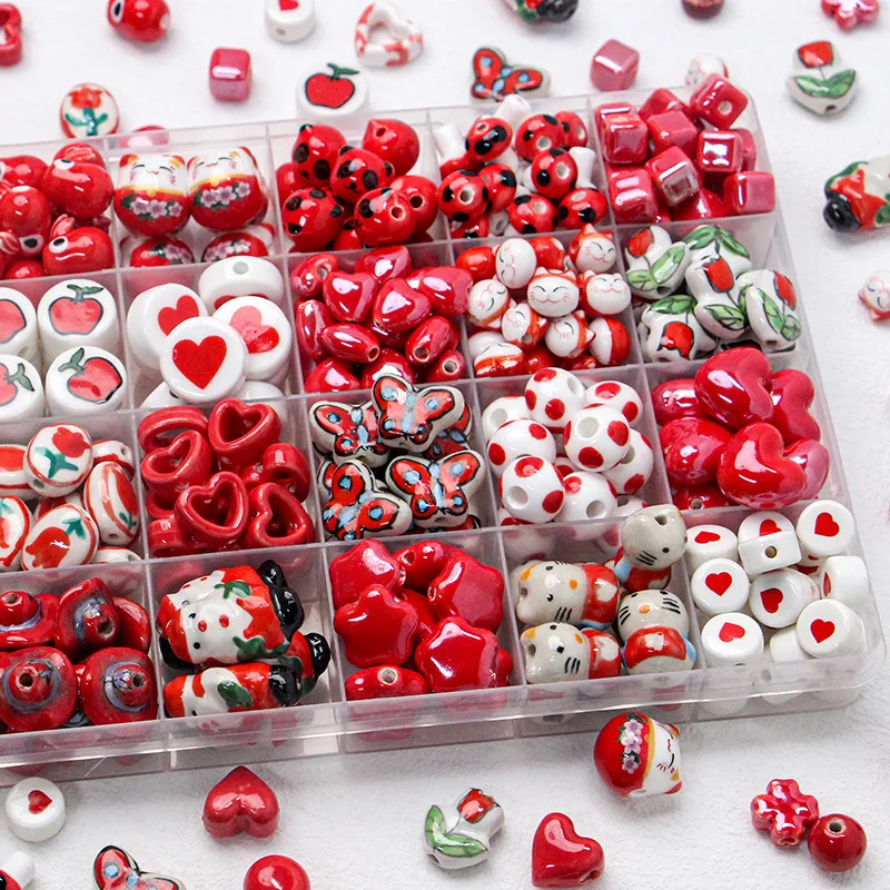 5-10pcs Pack Painted Red Ceramic Bead Handmade Multiple Pattern Spacer Bead for Jewelry Making DIY Christmas Accessories