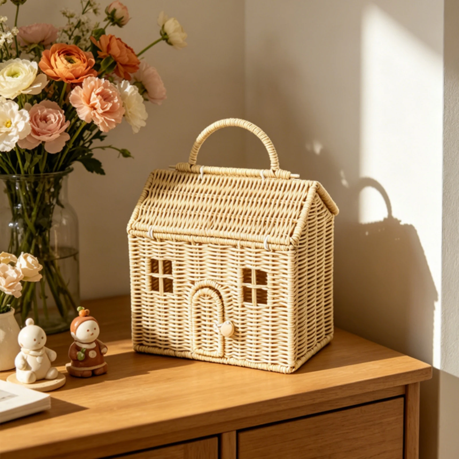 House-Shaped Basket Handwoven Wicker Storage Basket Handmade Small for Gift Presentation, Shelf