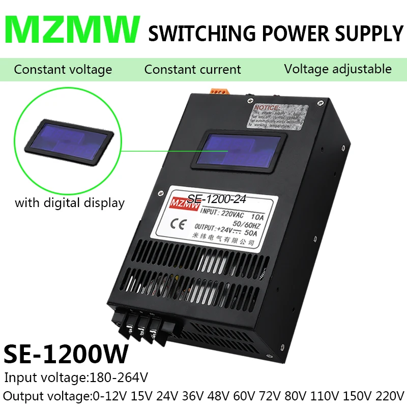 1200W Adjustable AC/DC Industrial Switching Power Supply 0-12V 24V 36V 48V 60V 72V 110V 220V Display SMPS Lithium Battery Charge