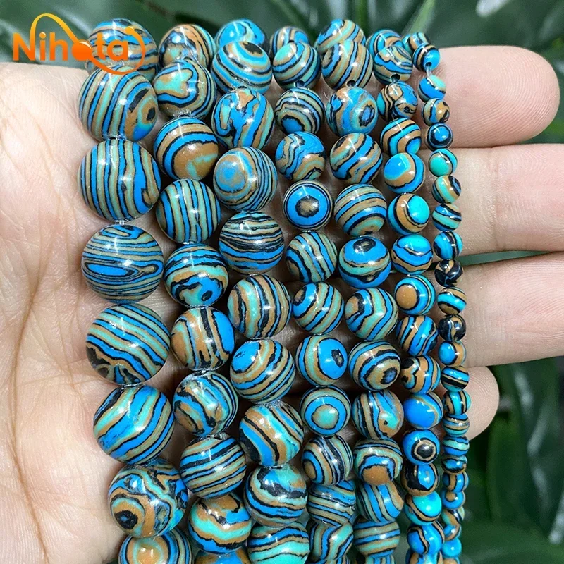 Blue Lace Malachite Stone Beads Round Loose Spacer Bead for Jewelry Making DIY Bracelet Accessories 15'' Strand 4/6/8/10/12mm