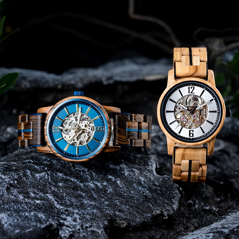 BOBO BIRD Drewniany Zegarek Automatyczny Mechaniczny Męski Personalizowany Tekst na Tylnym Panelu Modny Zegarek na Rękę Świecący Zegar Dropshipping