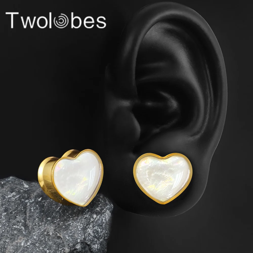 Twolobes 2PCS Heart Shell Ear Gauges Plugs 316 Stainless Steel Ear Hangers Tunnels Stretcher Piercing Women Body Jewelry