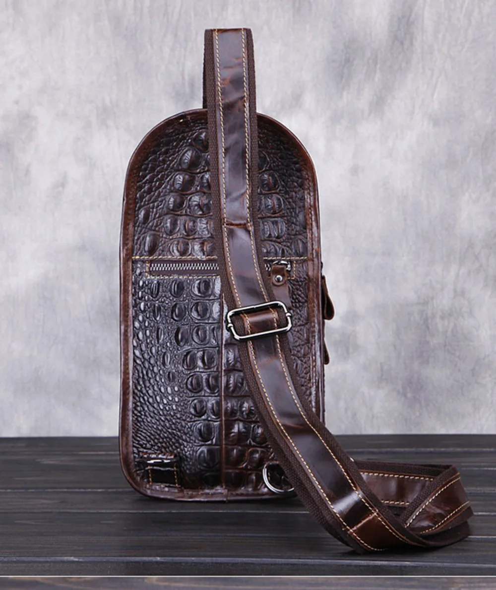 Men Cross body Shoulder Chest Bag Sling Backpack Genuine Leather Crocodile Style Cowhide Travel Retro Male Messenger Bag