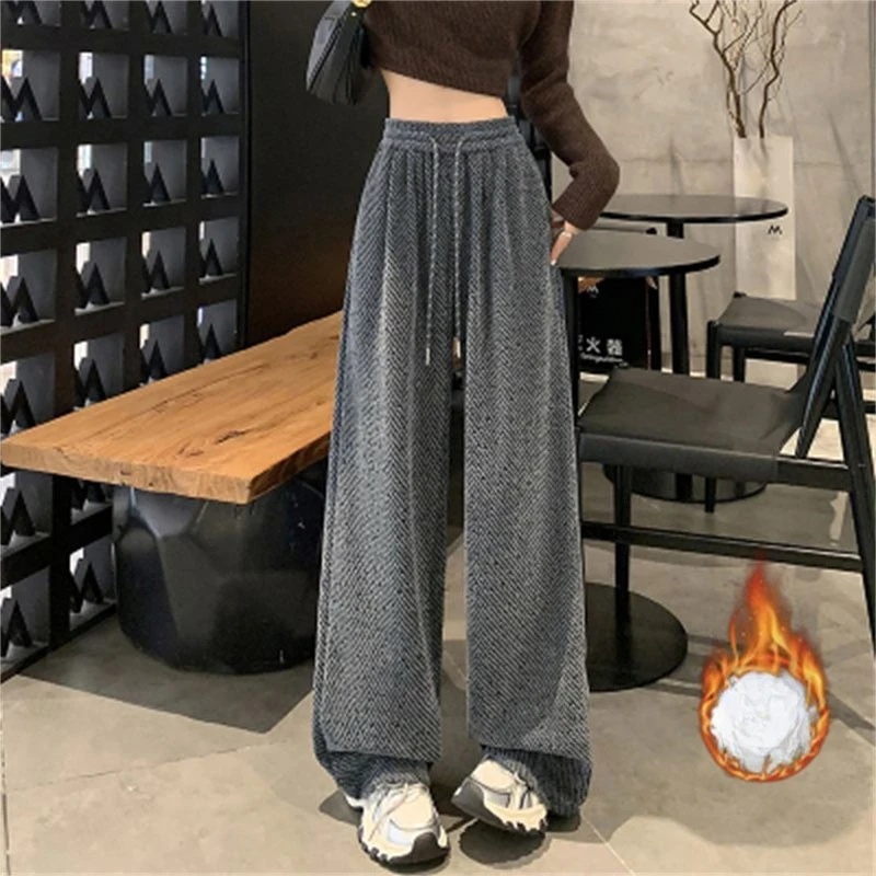 Chenille's nieuwe herfst winter gestreepte heldere zijde wijde pijpen broek vloeiende rechte pijpen losse relaxte stijl verdikt voor vrouwen