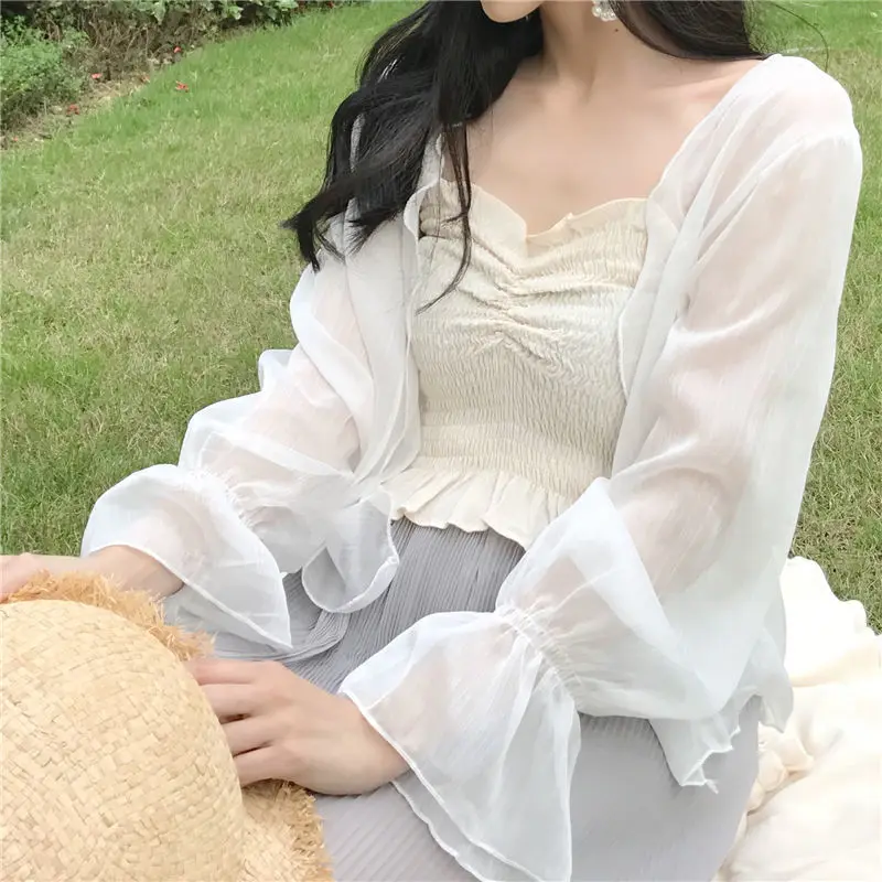 2024 Summer Cardigan Women Long-sleeved Solid Color Flare Sleeve Korean Style Office Lady Versatile Casual Chiffon Blouse Female