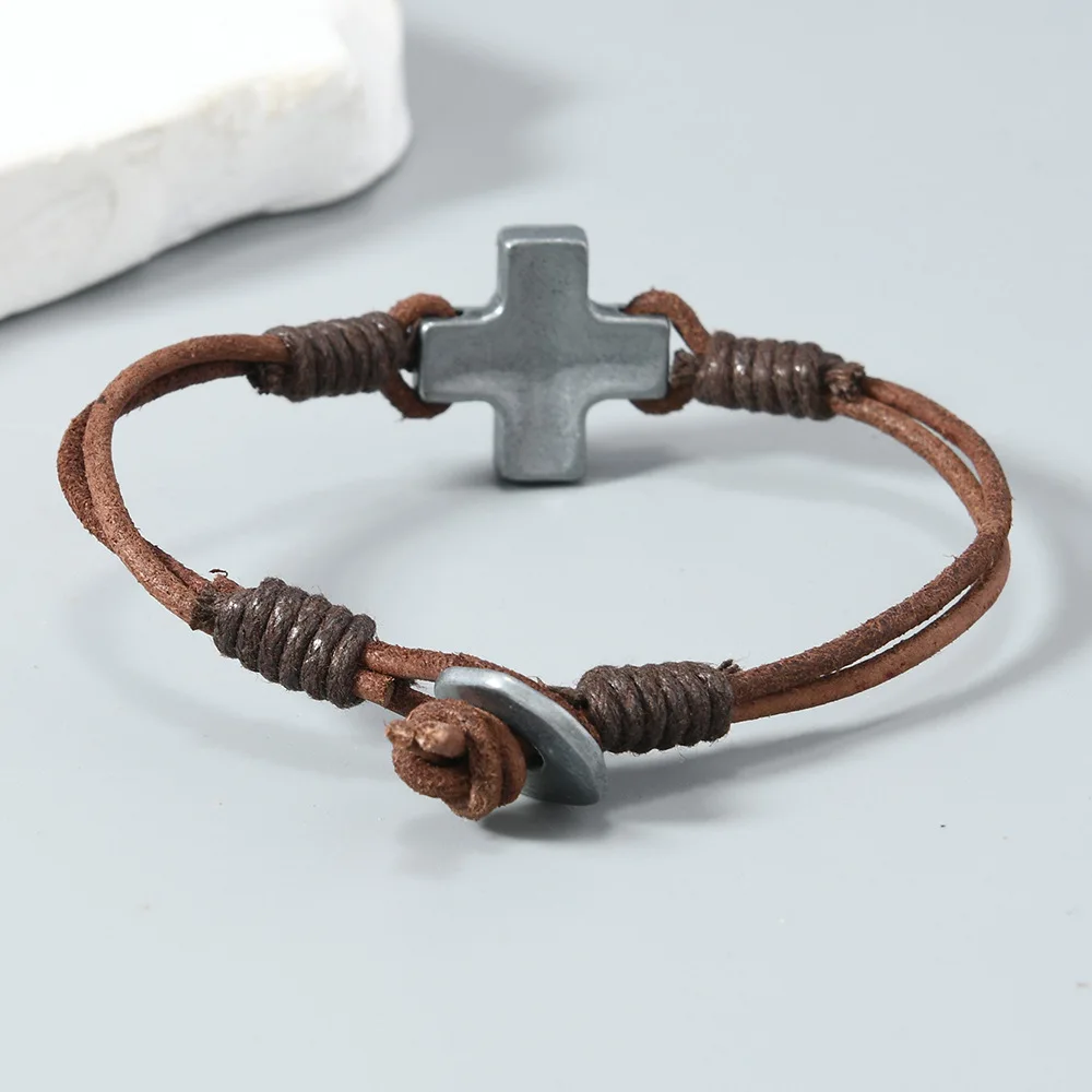 1 Piece Men Vintage Creative Hand Made Cross Leather Bracelet Personality Charm Bracelet for Men Gift