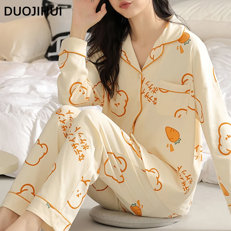 DUOJIHUI-Pijama estampado de dos piezas para mujer, Conjunto de pijama clásico con almohadilla para el pecho, cárdigan básico, pantalón suelto, sencillo