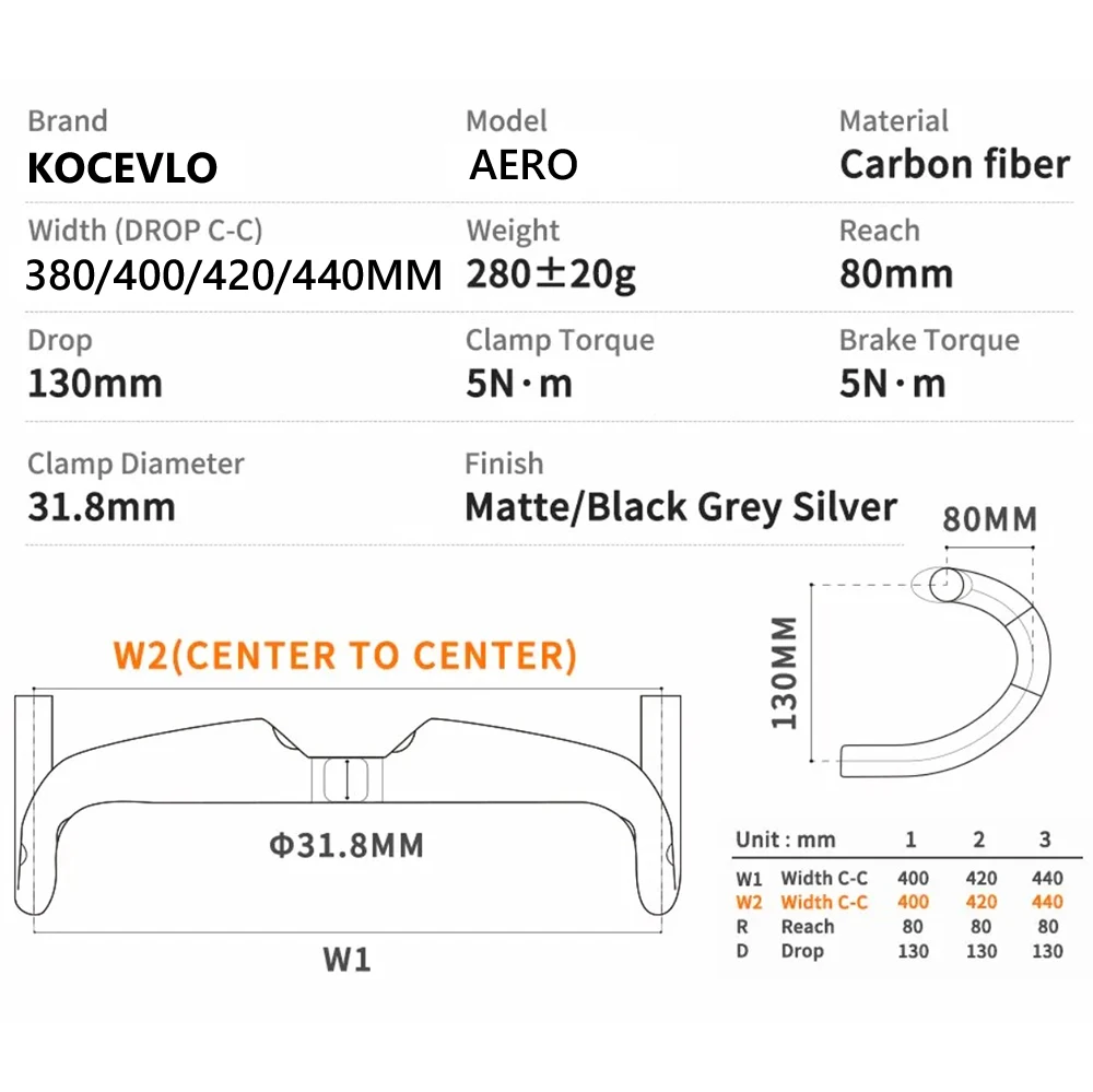 KOCEVLO-Guiador Aero Carbon, Roteamento interno, Guiador de bicicleta de estrada, UD Matt, 380mm, 400mm, 420mm, 440mm