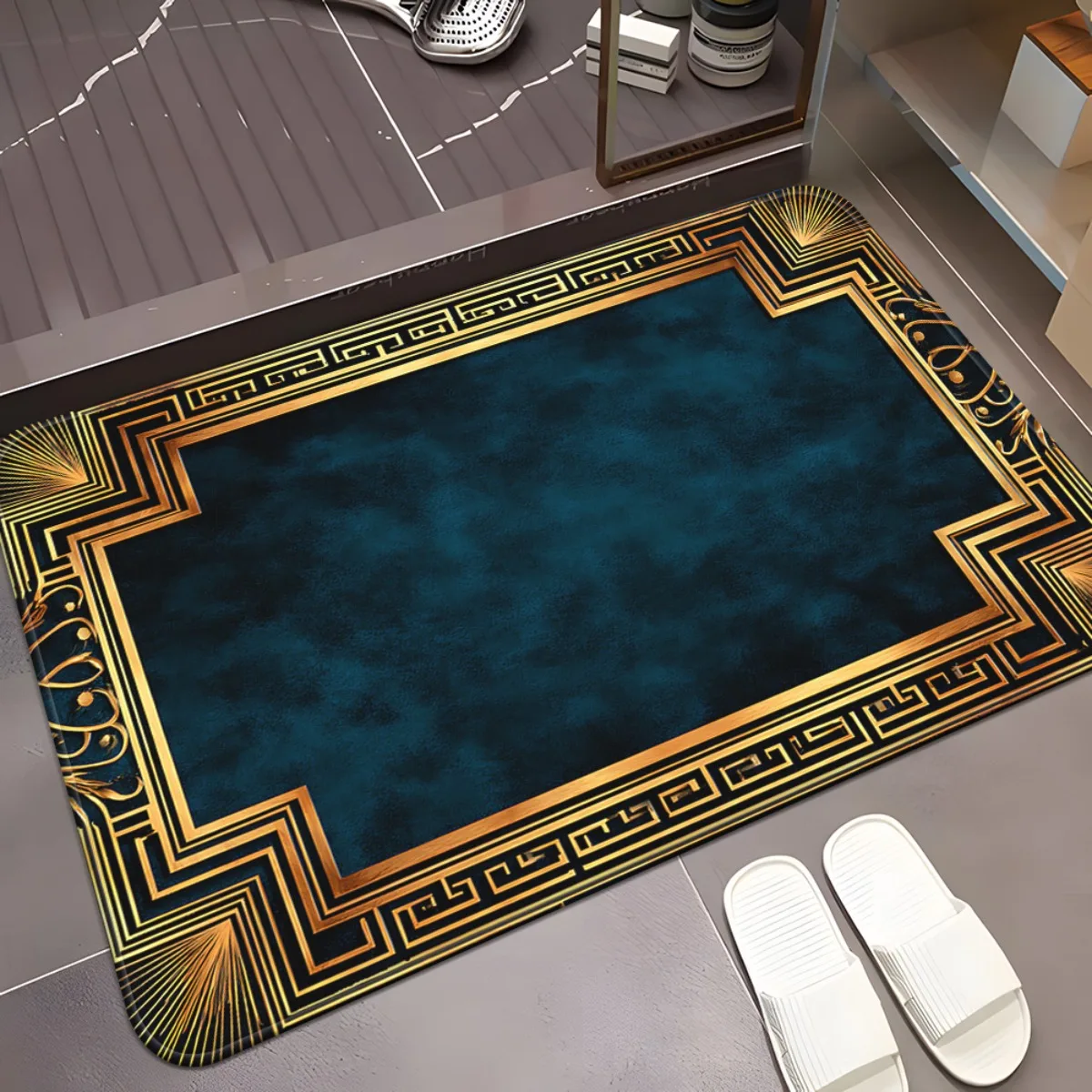 Golden Frame Decorative Doormat, Non‑Slip Machine‑washable Floor Decor, Ornament for Bathroom, Bedroom, Living Room, Entrance
