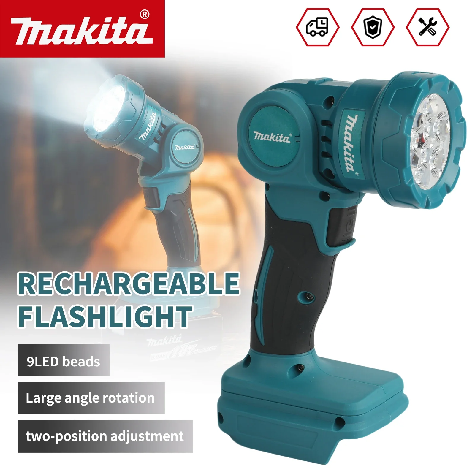 For Makita ML815 Cordless Handheld LED Lamp,9 LED Beads,Two-Position Adjustment, Large Angle Rotation Garage Repair Work Light