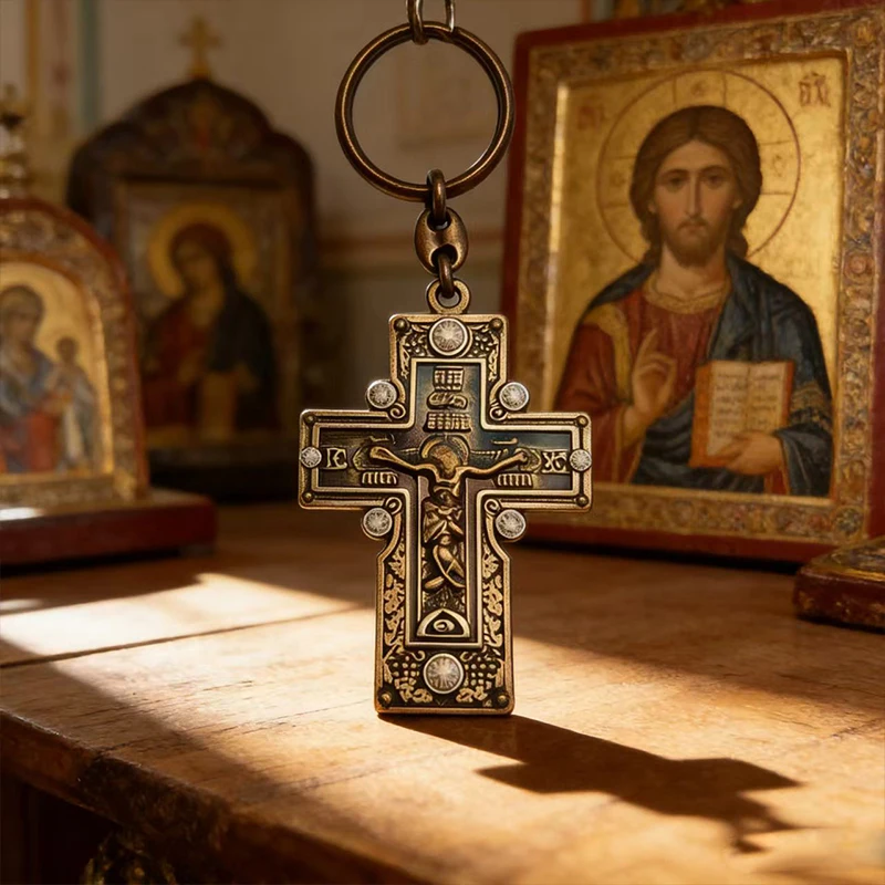

Antique Bronze Orthodox Crucifix Cross Keychain Double Sided for Car Key Ring Religious Amulet Catholic Orthodox Christian Gift