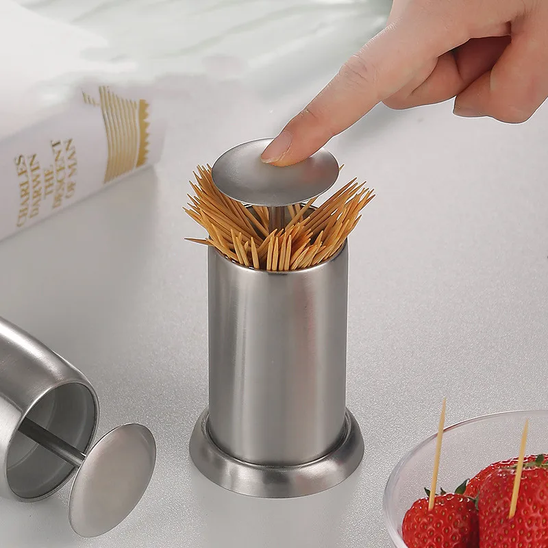 Stainless Steel Toothpick Press Box Stand Creative Storage Containers Holder Automatic Spring Cover Kitchen Organizer Boxes