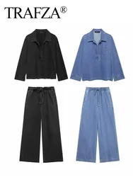 TRAFZA Women Autumn Denim Solid Trouser Set Fashion Lapel Pullover Top+Casual Women Drawstring Pocket Wide Leg Long Pant Mujer