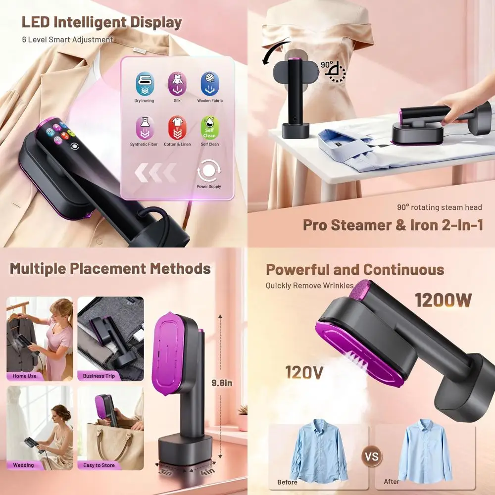 

Портативный отпариватель для одежды и дорожный утюг 2-в-1, 1200 Вт, с LED-дисплеем на 6 режимов, быстрый нагрев, съемный резервуар, идеально подходит для