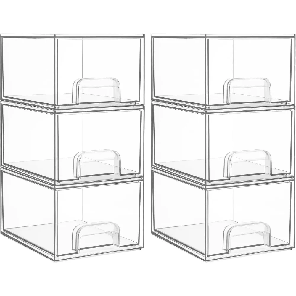 

6 Pack Clear Stackable Storage Drawers, 4.4'' Tall Acrylic Bathroom Makeup Organizer,Plastic Storage Bins For Vanity, Undersink