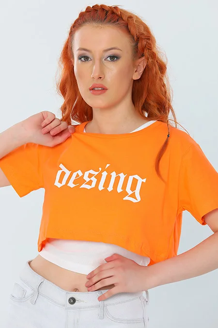 

Light Orange Women Lycra Crew Neck Crop T-shirt Singlet Double Suit High Quality New Fashion Trend for Summer 2022