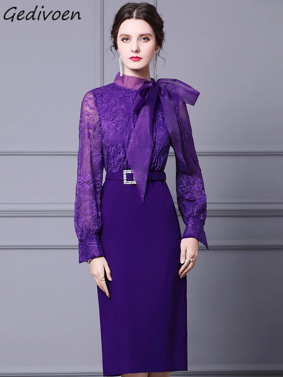 

Gedivoen Fashion Designer dress Spring Summer Women's Dress Stand Collar Lantern Sleeve Lace-up Diamond Package Buttocks Dresses