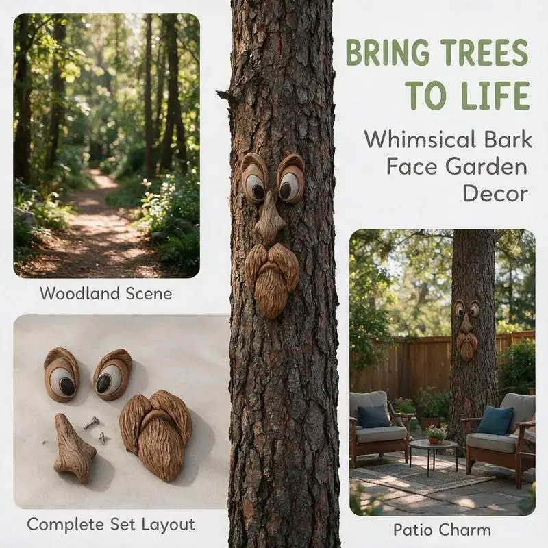 Whimsical Tree Face Resin Statue, Tree Hugger Decor with Bark Texture, Weatherproof Outdoor Garden Yard Ornament, Creative Tree