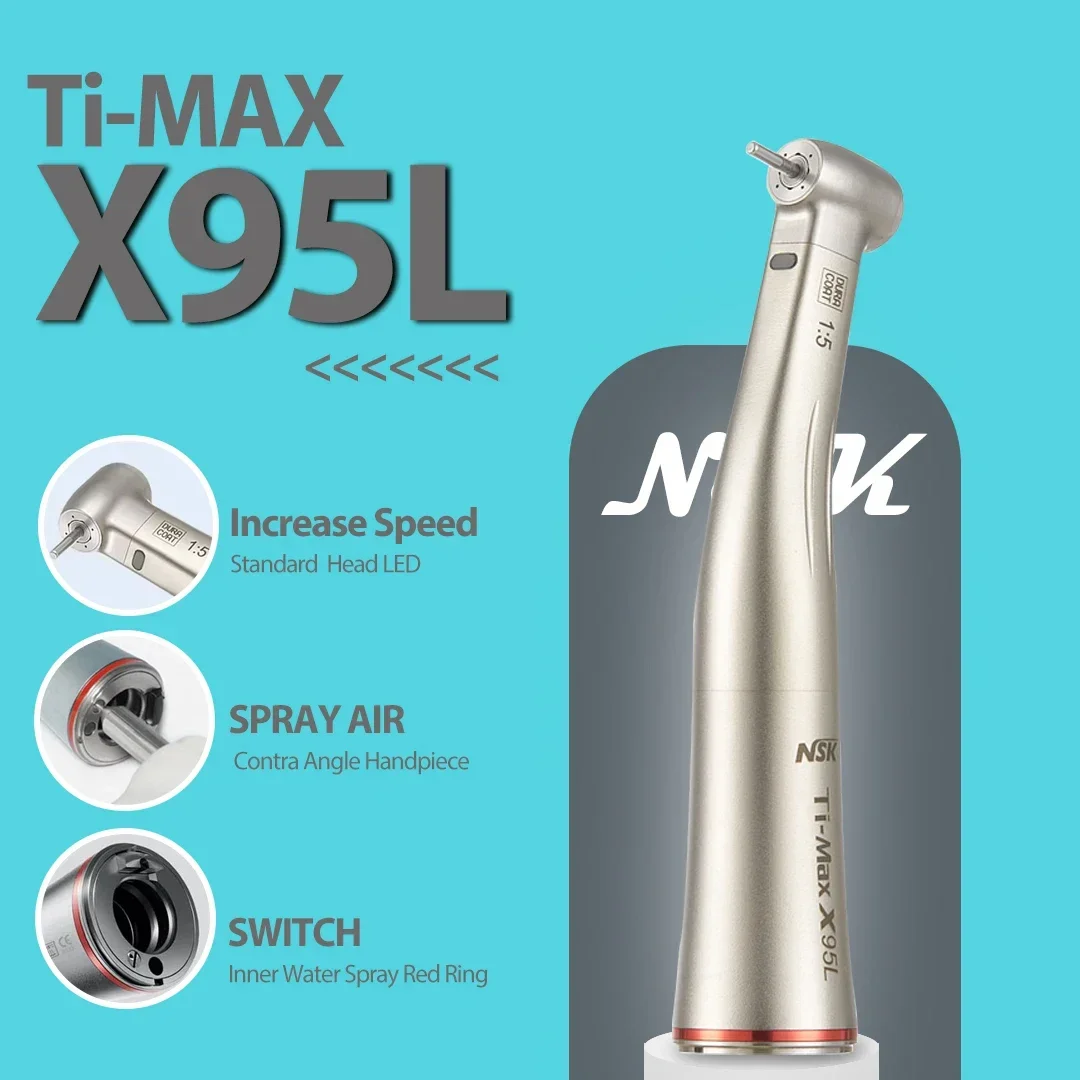 NSK S-MAX M95L contraangulo Spray Air On/Off Switch Dental 1:5 Increasing Speed Handpiece Contra Angle Optic Fiber Red Rings