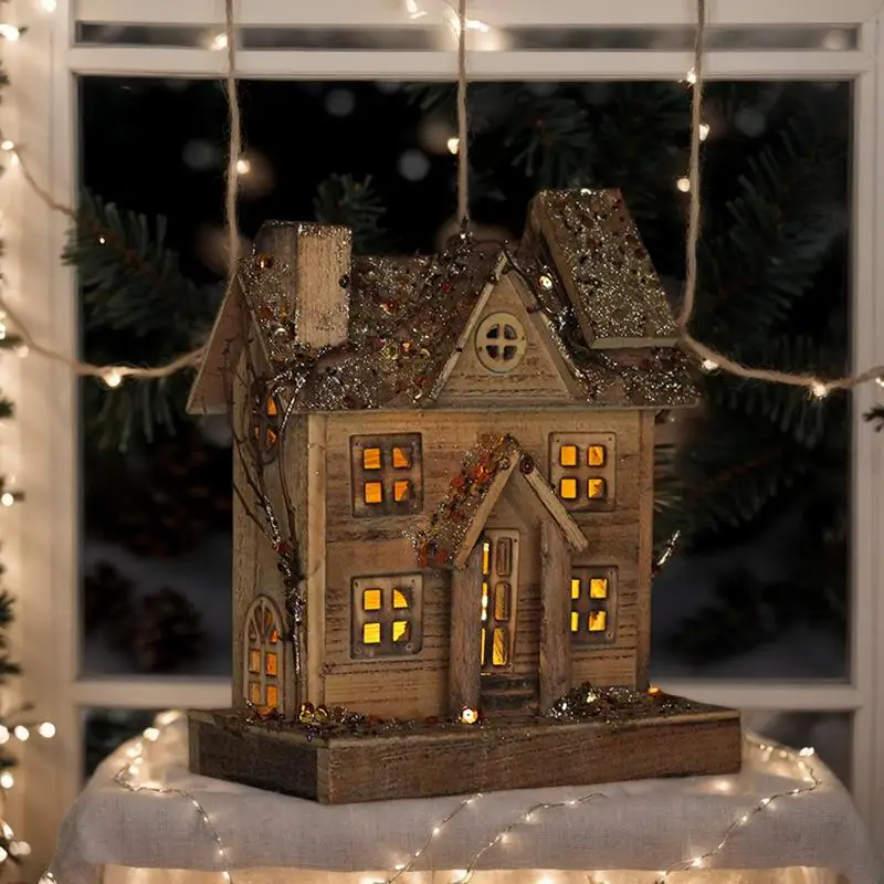 クリスマスの木製の村の家、ライトアップのコテージ、クリスマスのミニチュア、季節の装飾品、写真撮影の小道具