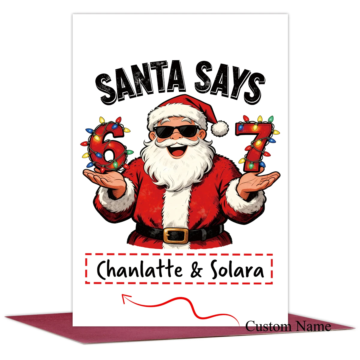 1 Stück Weihnachtsgrußkarte mit individuellem Namen, lustiges Meme-Design mit 6 und 7 Nummern, innen leer für persönliche Notizen, einzigartige Karte für Freunde der Familie