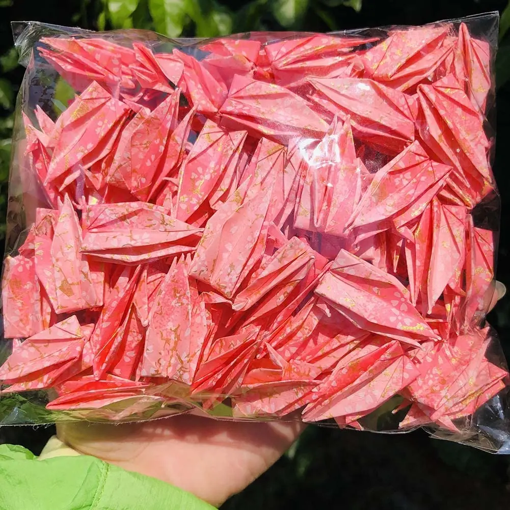 

100Pcs Pink Premade Origami Washi Paper Cranes Folded Origami Crane Yuzen Paper Cranes Gift For Valentine's Day Proposal Wedding