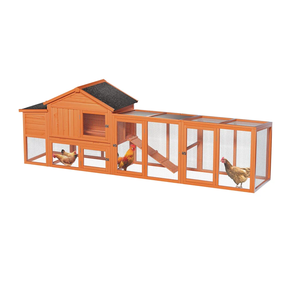 

113.5" Large Wooden Chicken Coop Outdoor Hen House with Run, Waterproof Roof & Nesting Box, Secure Lock, Removable Tray