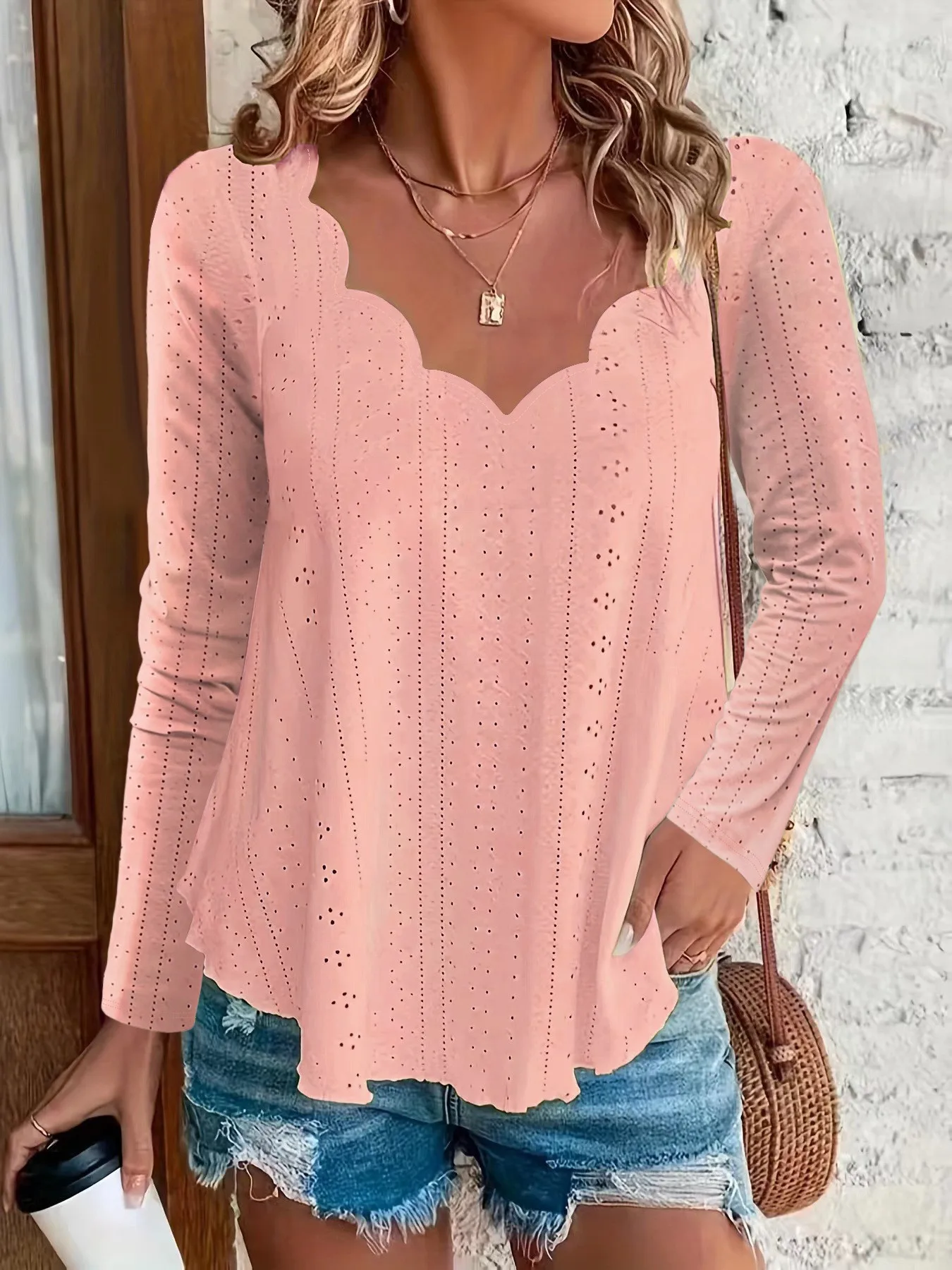 Women's Clothing Blouse Longsleeve V Neck Blouses Solid Color Top Pastel Pink Scallop Neck Long Sleeve Top Black A Line Hem
