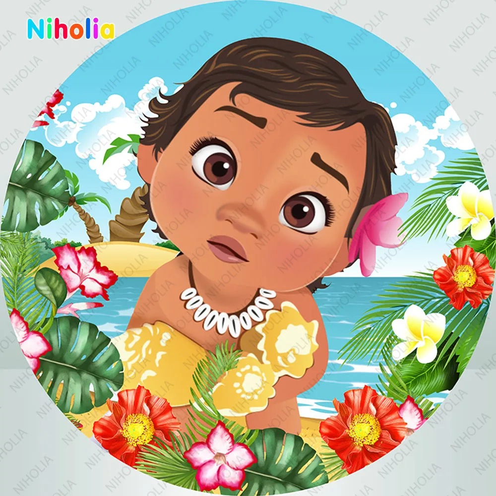 Disney Moana Princess Circular Backdrops Covers Girl Newborn Birthday Summer Ocean Photo Round Background Baby Shower Cylinder