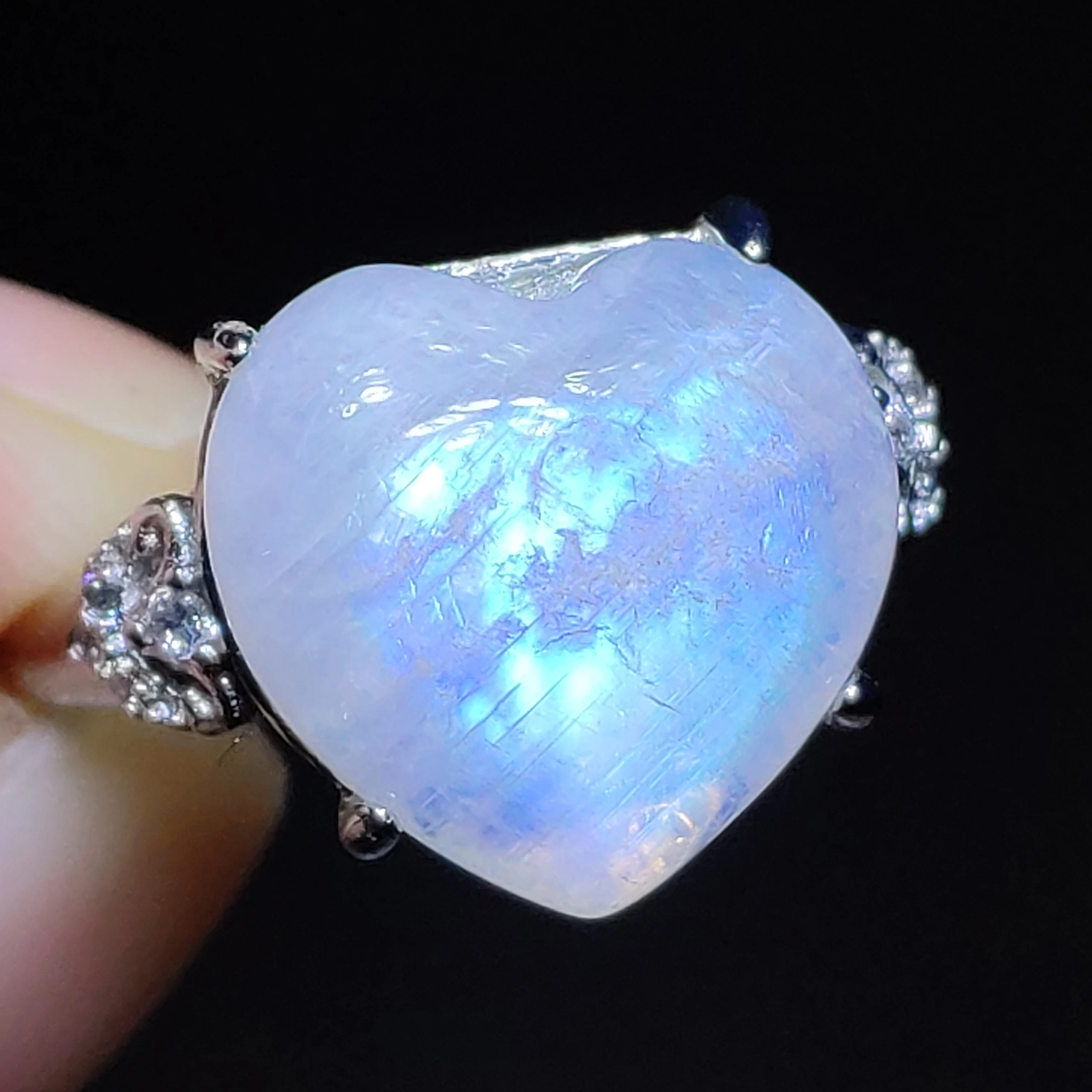 Anel Ajustável Natural Moonstone Azul para Homens e Mulheres, Coração de Cristal, Prata 925, Colorido, Transparente, AAAAAA, 15x15mm