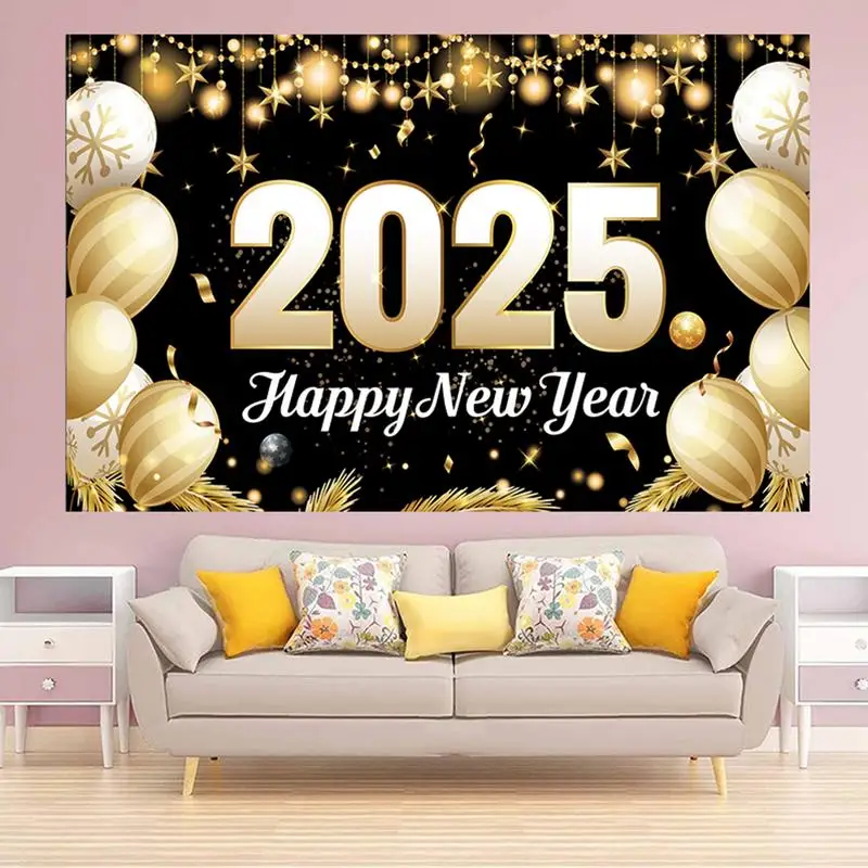 New Year Backdrop 2025 Decorations 2025 Banner Black And Gold Balloon Theme 70 X43 Inches NYE Banner  Parties Decorations