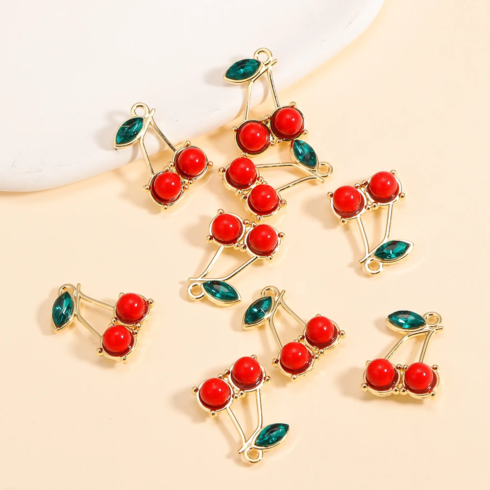10Pcs Gold Color Alloy Charms Enamel Red Cherry Fruit Pendant Jewelry Wholesale DIY Finding Handmade Fashion Jewelry Accessorie
