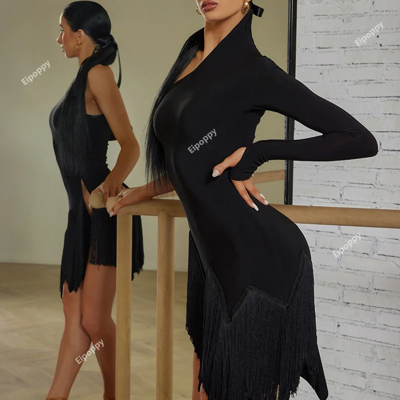 Latin Dance Dress Women One-Sleeve Oblique Shoulder Fringed Black Dress Cha Cha Rumba Samba Performance Clothes Adult