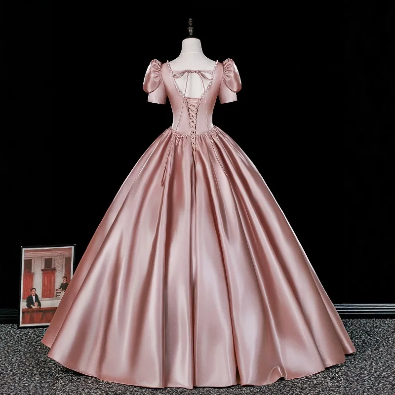 2026 Summer Women's New Vintage Satin Square-Neck Evening Gown Fashion Slimming Sexy Backless Long Bubble Sleeve Dress view 5