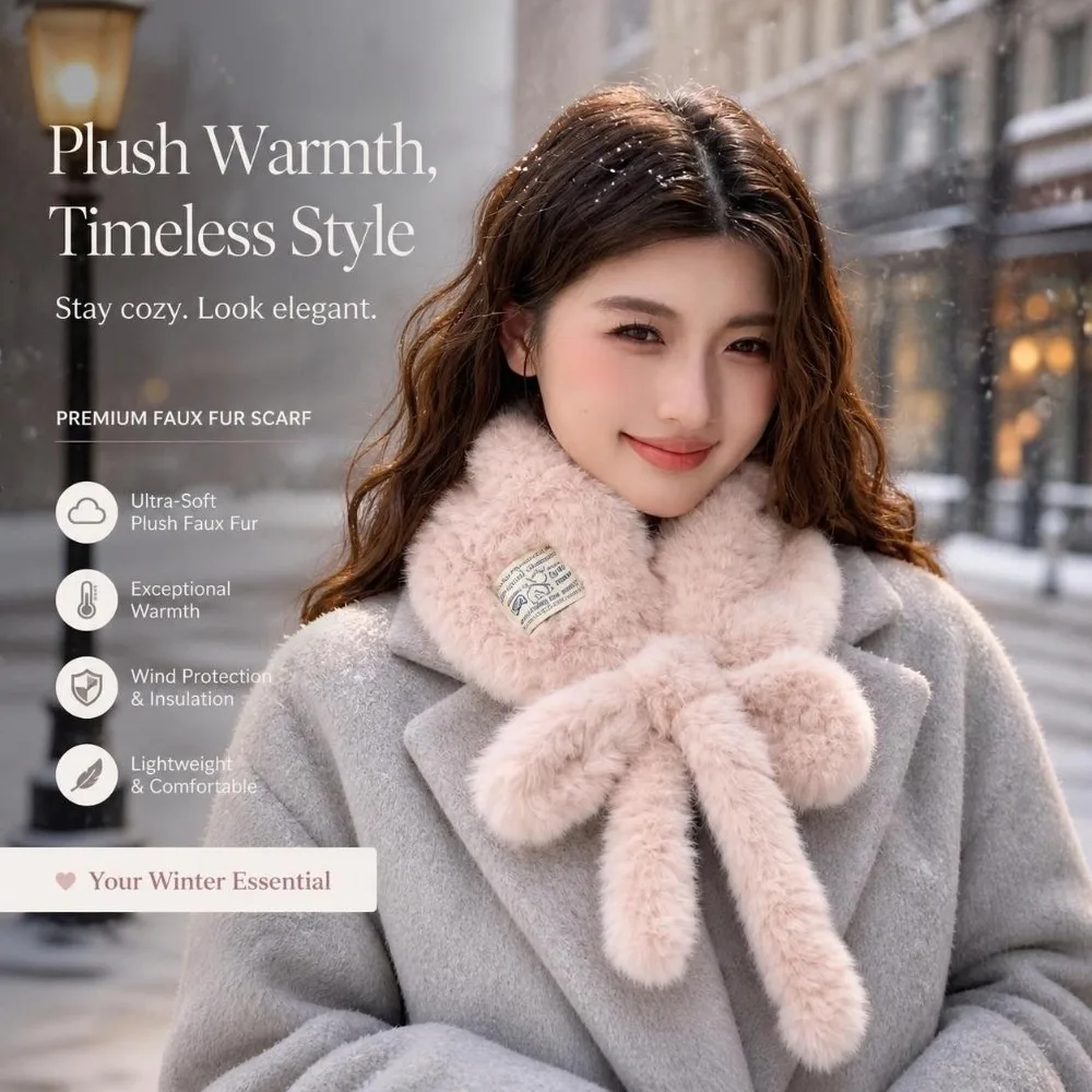 Sweet Thickened Warm Faux Fur Scarf Lace-up Pure Color Snood Scarf Furry Soft Women's Winter Scarf Winter