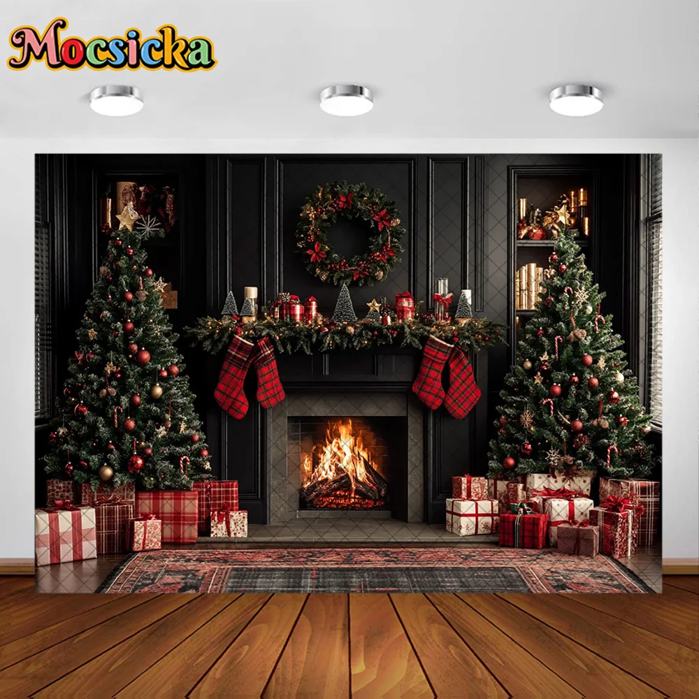 Mocsicka 사진 배경 검은 벽난로 화환 장식 가족 크리스마스 휴일 초상화 사진 배경