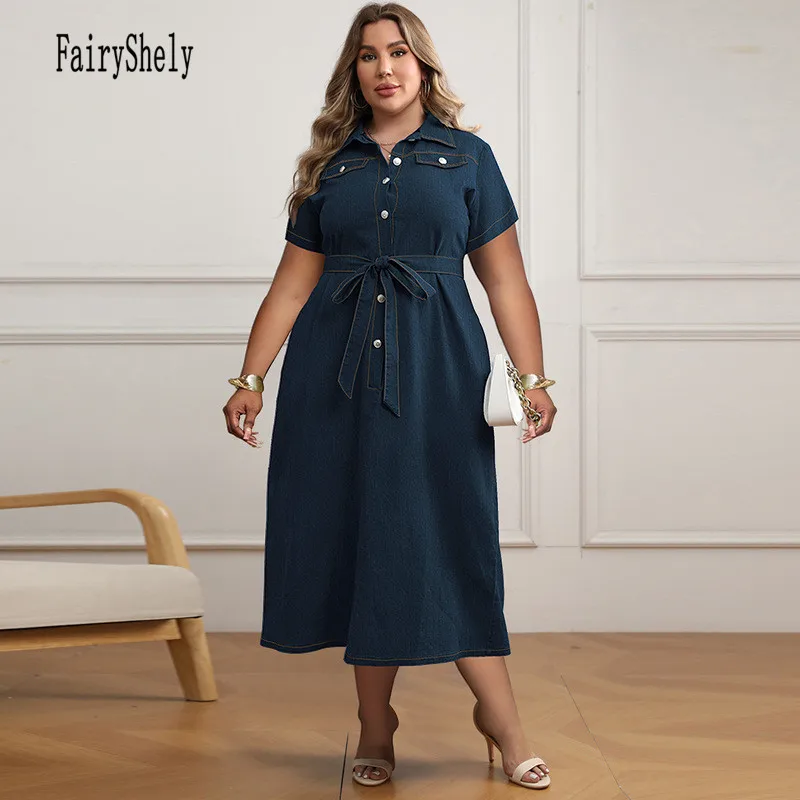 2024 Summer Turn-down Collar Plus Size Shirt Denim Dress Women Short Sleeve Large Midi Jean Dress Lady Button Lace-up Long Dress