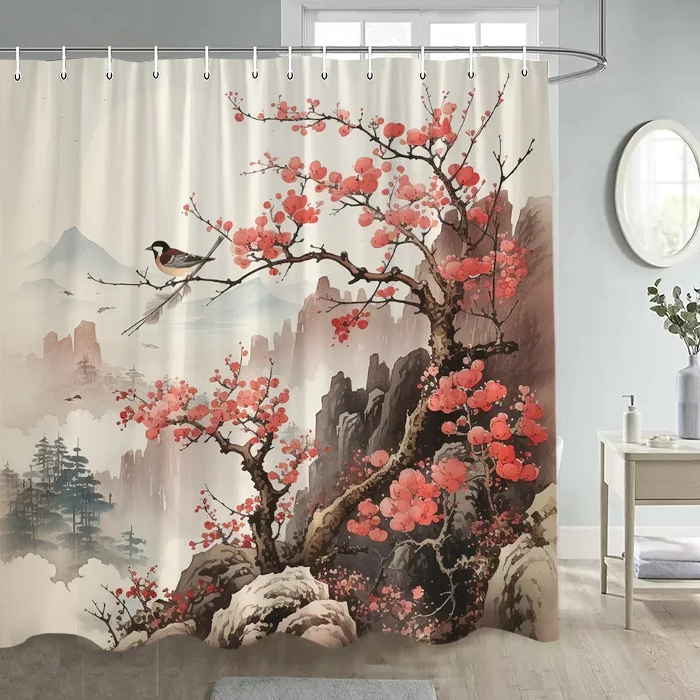 Japanese Style Flowers Bird Shower Curtain Abstract Mountain Red Floral Plant Ink Art Landscape Fabric Decor Bathroom Curtains