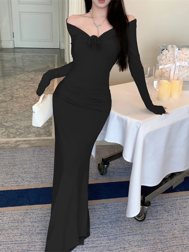 Abito lungo sexy da donna a maniche lunghe con scollo a barchetta Abito lungo sexy autunno inverno Abito da sera di lusso Hepburn vintage 2025 Abito aderente elegante
