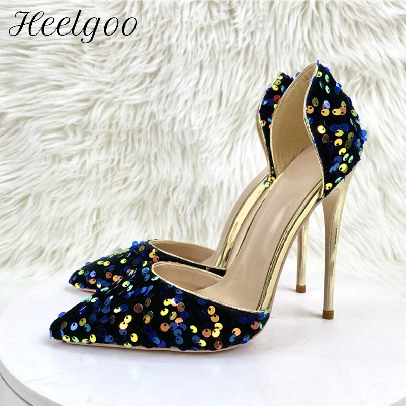 

Heelgoo 12cm 10cm 8cm Blue/Gold Sequins Women Pointy Toe D'Orsay High Heel Shoes for Wedding Party Sexy Thin Stiletto Pumps