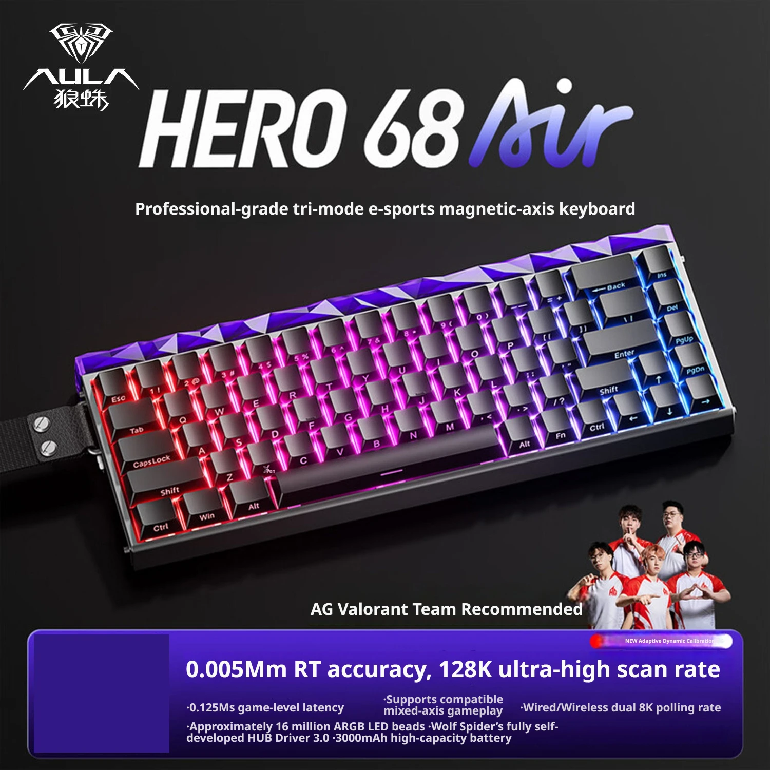 AULA Hero68 Air Tri-Mode Magnetic Switch Keyboard Dual 8K Wired Wireless RT Low Latency 68Keys Hot Swappable RGB Web Driver