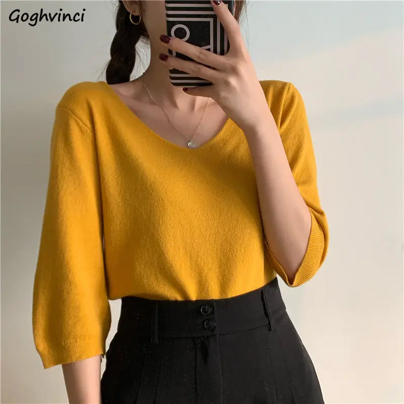 Women Half Sleeve T-shirts V-neck Solid Colorful Knitting Elegant Office Lady Simple Korean Style Females Soft Loose Tops Basic