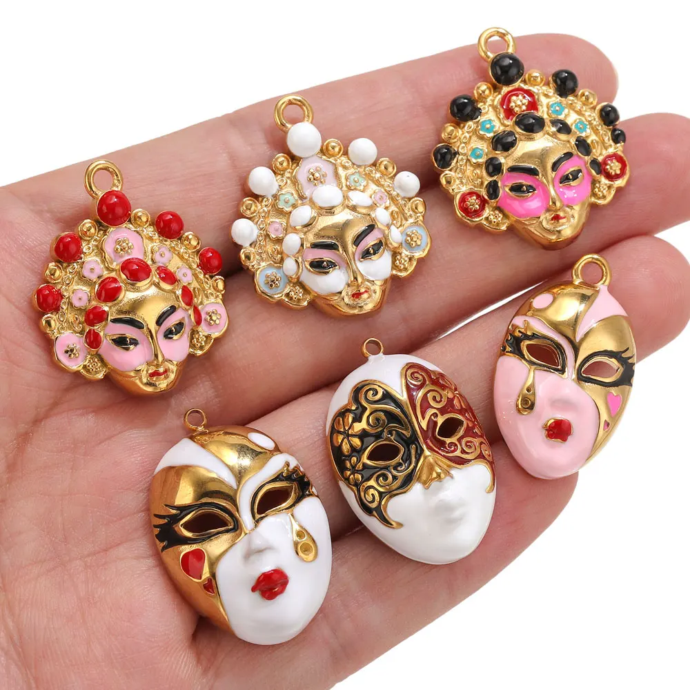 1 Stück Edelstahl-Emaille-Anhänger für die Schmuckherstellung, DIY Peking-Oper-Masken-Anhänger für Ohrringe, Halsketten, Charm-Zubehörteile – Detail 2