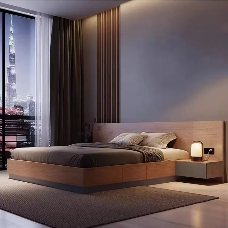 Modern Hotel Furniture Wooden Bed with Storage Gas Lift Bedroom Double King Family Bed Frame