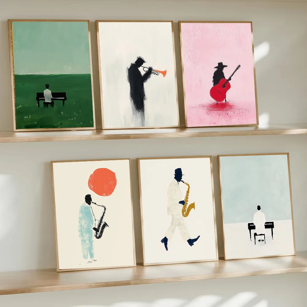 Minimalist Piano Saxophone Player Guitar Jazz Art Poster Print Canvas Painting Modern Music Wall Art for Living Room Home Decor