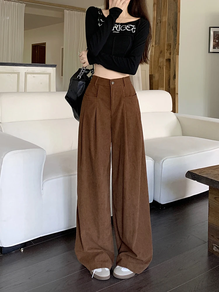 Corduroy Wide Leg Suit Pants For Women In Autumn With A Drooping Feeling High Waisted And Slim Casual Pants Loose Straight Pants