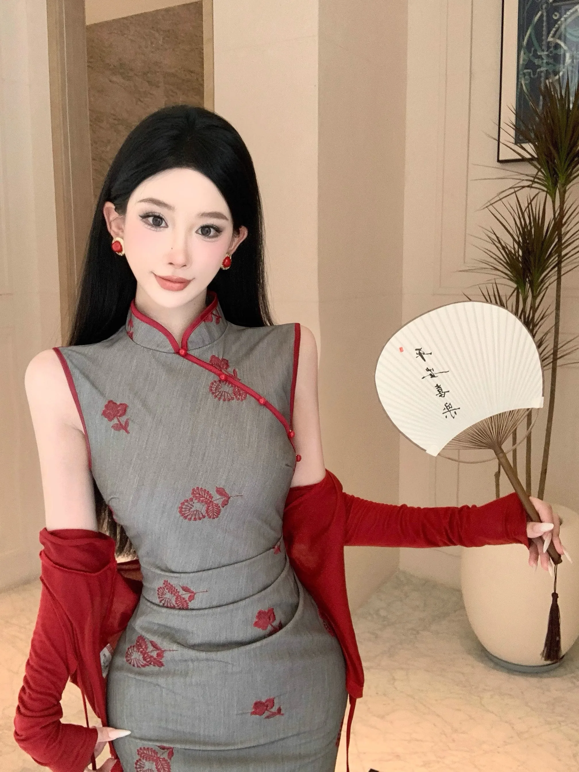 

Женский комплект из двух предметов Ele Long: новое китайское ретро-платье с завышенной талией и облегающим силуэтом для ранней осени