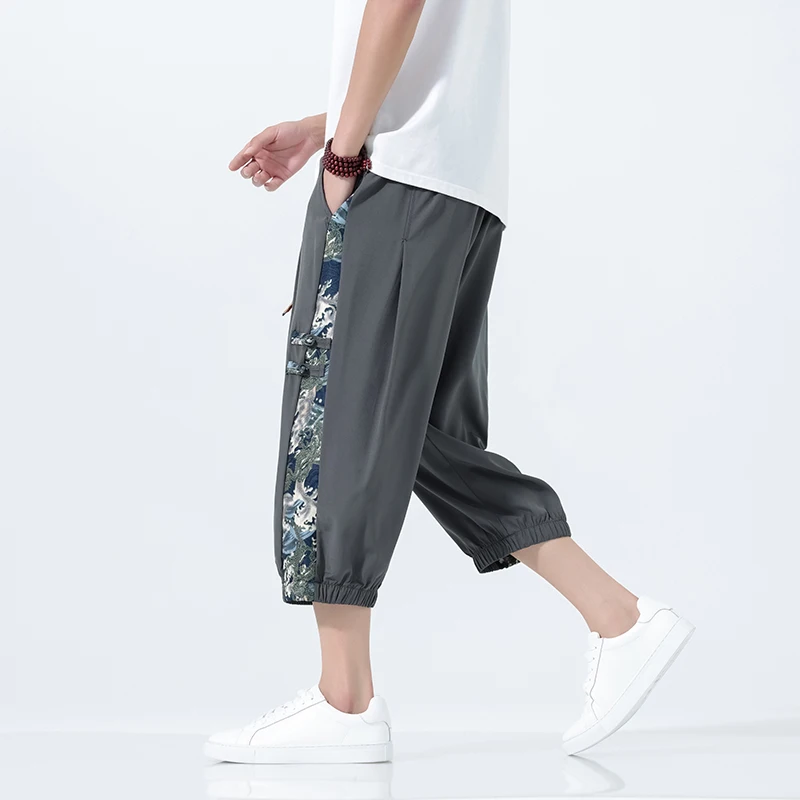 Chinese Style Floral Printed Patchwork Men's Sweatpants and Joggers Vintage Ice Silk Breathable Pantalones Hippies Man Pants 5XL