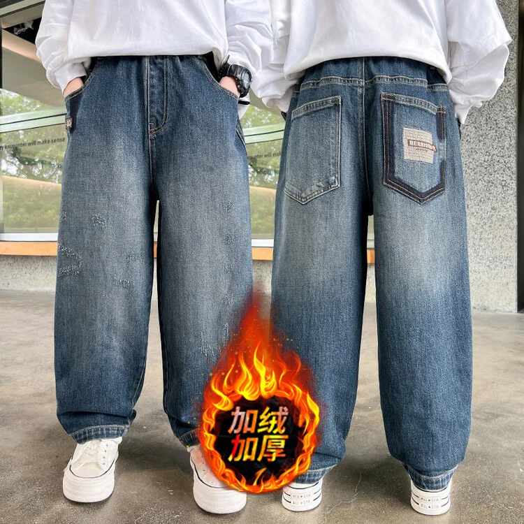 Boys' Warm Denim Pants 2024 New Winter Teen Childen Thick Velvet Jeans Boys Loose Dad Casual Pants Trousers 5-14Y