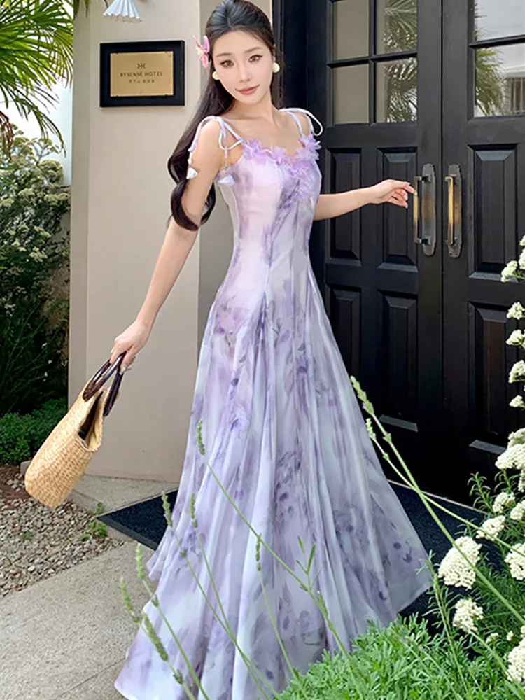 Zomer Boho Paarse Bloemen Chiffon Sling Maxi Jurk Vrouwen Elegante Casual Ruches Prom Dress 2024 Korena Mode Bodycon Vestidos